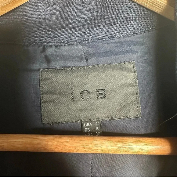 ICB Navy Blue Linen Silk Drape Front Trench Blazer Jacket Size Small - Picture 6 of 10